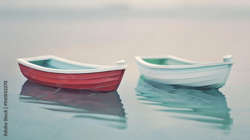 Naklejka premium Two colorful, miniature toy boats float serenely in the calm water, evoking a sense of peace and simplicity against a soft, blurred background.