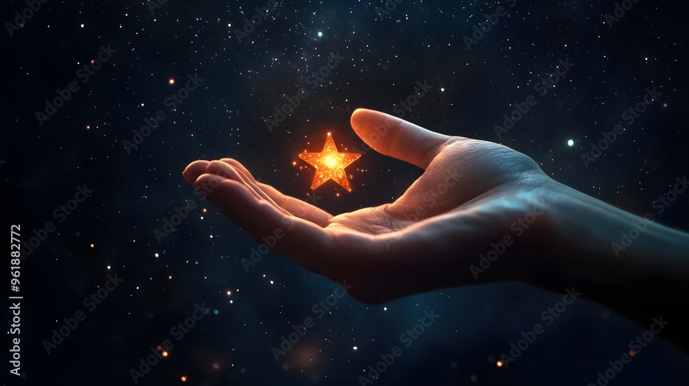 Hand Holding a Star: A close-up of a hand delicately holding a glowing star, with a dark, starry background.
