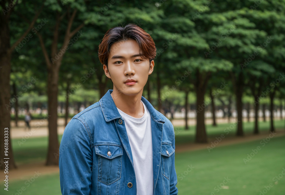 portrait photo of handsome male model, with city park background portrait photo of handsome male model, with city park background