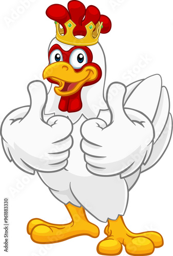 A chicken rooster cockerel bird cartoon character in a kings gold crown giving a double thumbs up