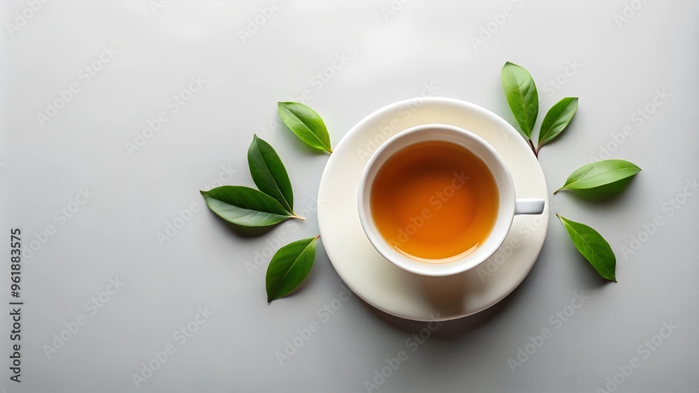 Top view of a minimalist white cup of green tea on a saucer, surrounded by fresh tea leaves, with open space on a light background Top view of a minimalist white cup of green tea on a saucer, surrounded by fresh tea leaves, with open space on a light background