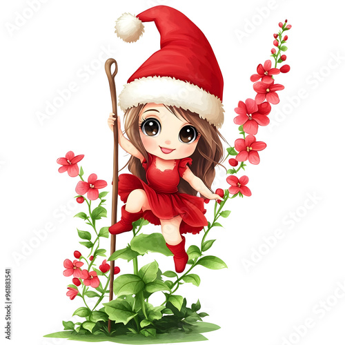 
A super cut chubby santy girl riding Verbascum flower bloomstick clipart, watercolor clipart, isolated on white background. photo