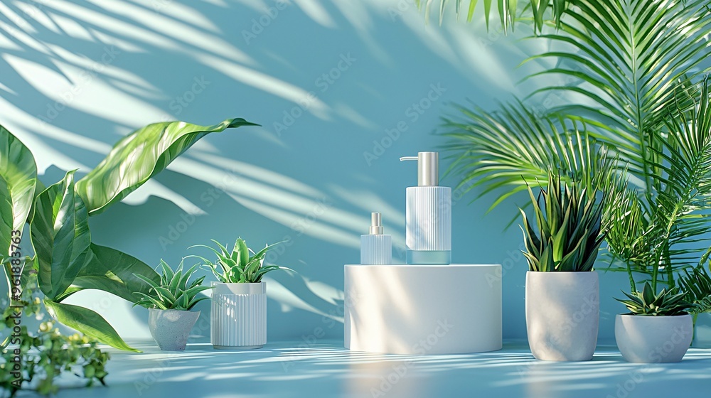 Tropical Plants and White Products on a Blue Background Tropical Plants and White Products on a Blue Background