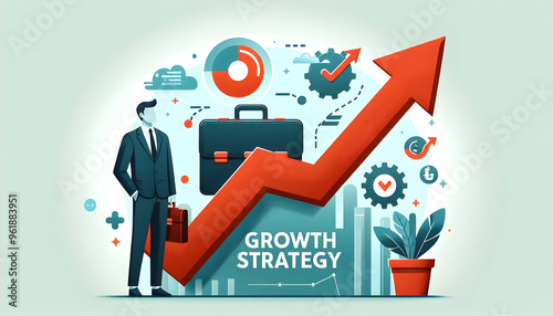 Flat Floating Briefcase and Upward Arrow Vector Design Illustrating Growth Strategy Concept for Success in Marketing Efforts