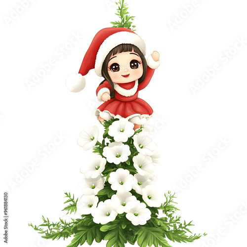 
A super cut chubby santy girl riding Verbascum flower bloomstick clipart, watercolor clipart, isolated on white background. photo