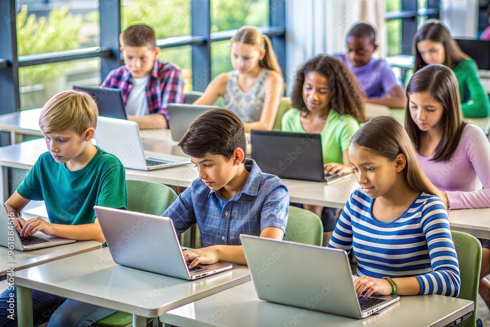 Diverse group of focused students learning on laptops in classroom setting Diverse group of focused students learning on laptops in classroom setting