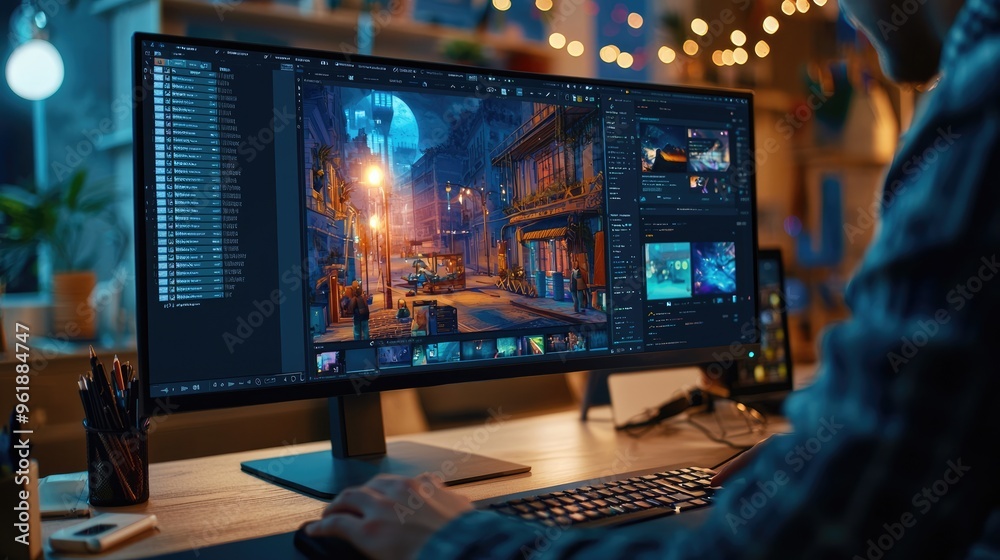 Video editor editing photos and videos on his computer at night in his office Video editor editing photos and videos on his computer at night in his office