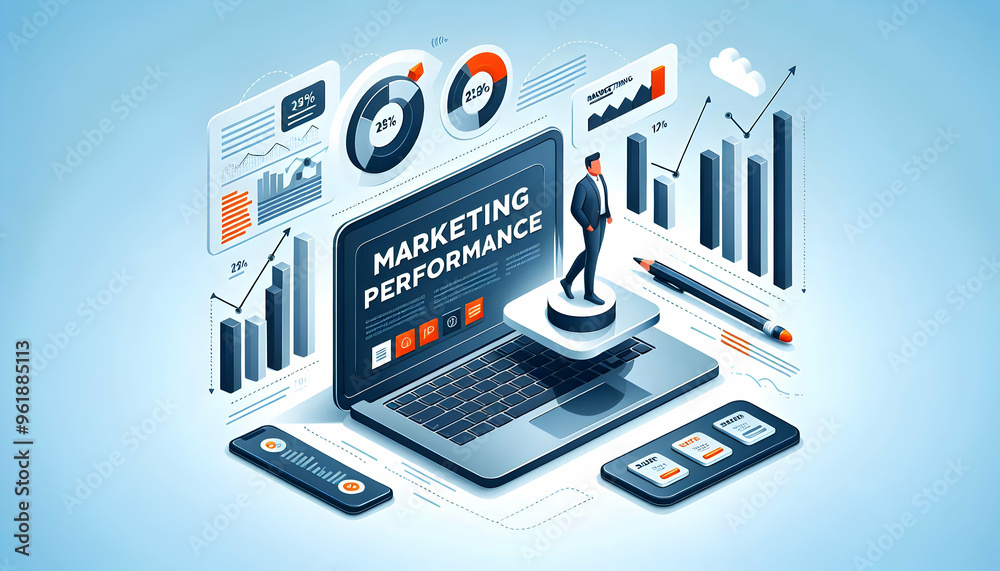 Flat Floating Laptop and Bar Chart Design - Marketing Performance Evaluation Vector Illustration for Effective Business Analysis Flat Floating Laptop and Bar Chart Design - Marketing Performance Evaluation Vector Illustration for Effective Business Analysis