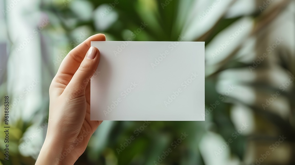 Close-up of young woman holding a white empty paper mockup with copy space.