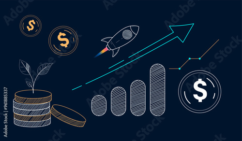 Financial economy themed design, arrow growing upwards symbol of increasing income. online business, trading and shares