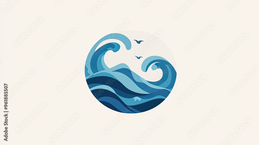 Obraz premium Flat design sea icon with a stylized wave pattern, using a monochromatic blue color scheme. The icon is centered on a light background, perfect for digital media.
