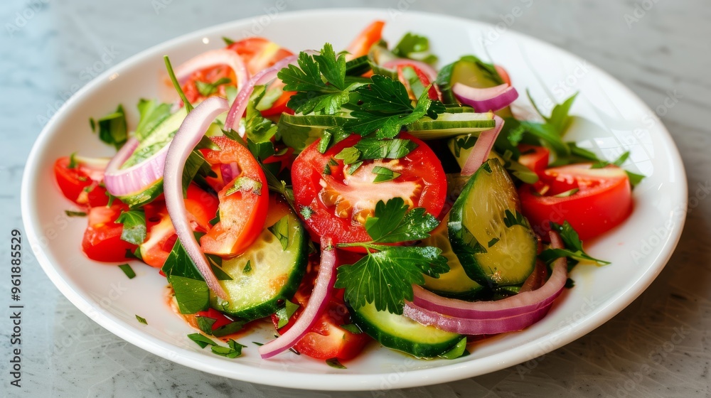 A fresh, colorful salad made with tomatoes, cucumbers, onions, and parsley, elegantly presented on a pristine white plate, radiating health and taste. A fresh, colorful salad made with tomatoes, cucumbers, onions, and parsley, elegantly presented on a pristine white plate, radiating health and taste.