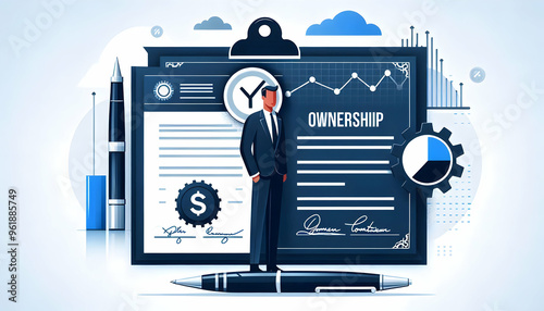 Flat Floating Stock Certificate and Pen with 'Ownership' Text - Sleek Vector Design for Equity Investment Concept in Simple Business Style photo