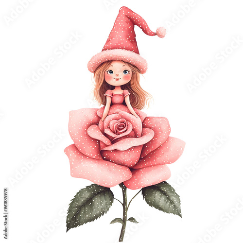 A super cut chubby santy girl riding rose flower bloomstick clipart, watercolor clipart photo