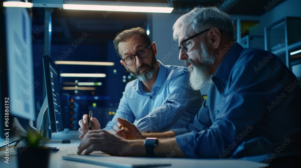 Two men in a late-night office session, planning and discussing important matters over computer screens. Two men in a late-night office session, planning and discussing important matters over computer screens.