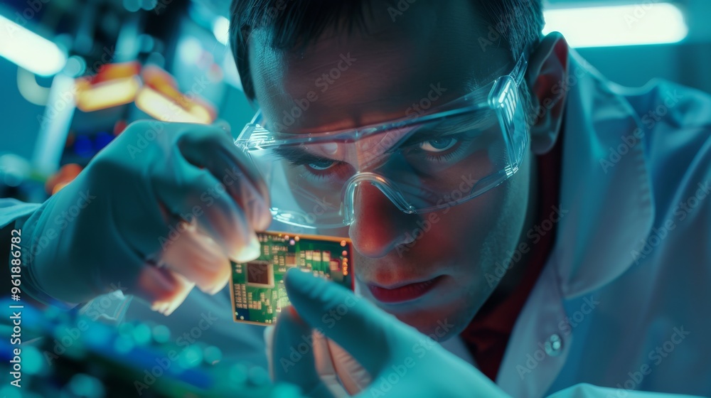 A focused scientist, wearing safety glasses and gloves, examines a microchip under a bright lab light, highlighting the intensity and precision of high-tech research. A focused scientist, wearing safety glasses and gloves, examines a microchip under a bright lab light, highlighting the intensity and precision of high-tech research.