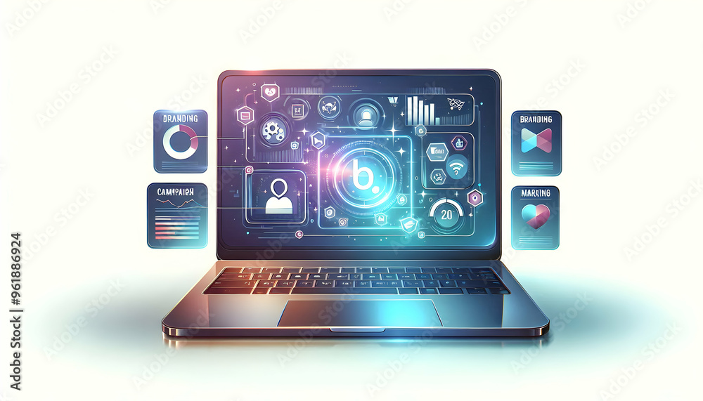 Flat Glossy Laptop with Holographic Branding Icons and Campaign Metrics: Close-Up Illustration for Digital Marketing Concepts on White Background Flat Glossy Laptop with Holographic Branding Icons and Campaign Metrics: Close-Up Illustration for Digital Marketing Concepts on White Background