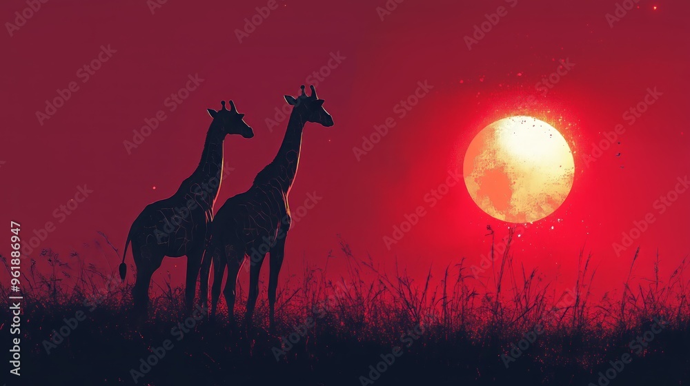Fototapeta premium Two giraffes standing against a vibrant sunset backdrop. The sky is painted with hues of deep red and orange, highlighting the silhouettes of the giraffes.