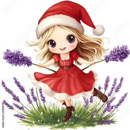 A super cut chubby santy girl riding lavender flower bloomstick clipart, watercolor clipart photo