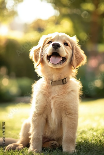 Adorable Golden Retriever Puppy Smiling in the Grass