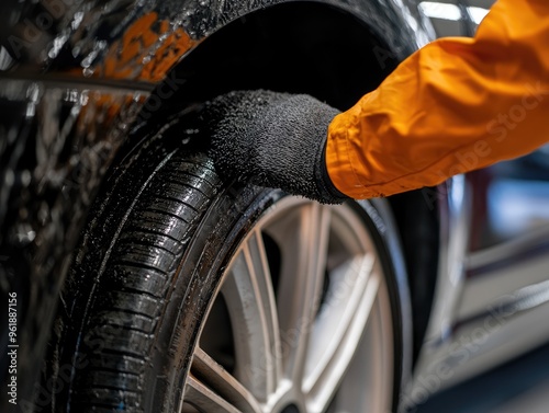 Wallpaper Mural Mechanic wearing orange overalls inspecting car tire after washing Torontodigital.ca