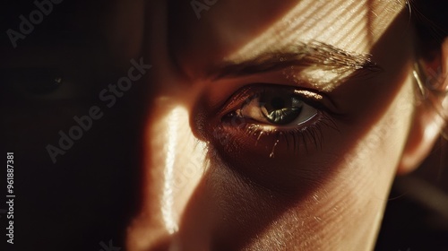 A mysterious close-up of an eye partially obscured by shadows, evoking intrigue and mystery. photo