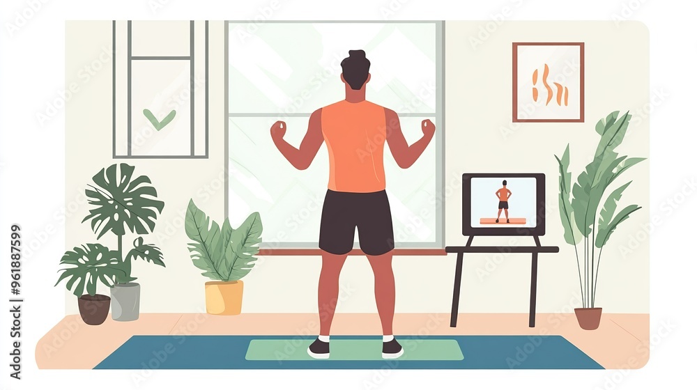 A fitness enthusiast doing a home workout routine, following instructions from a tablet on a yoga mat. A fitness enthusiast doing a home workout routine, following instructions from a tablet on a yoga mat.