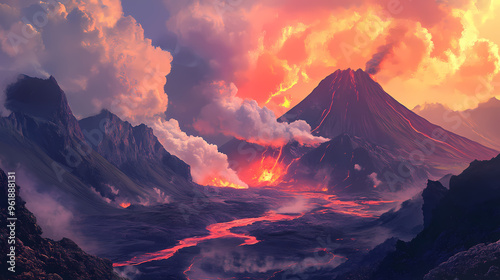 Dramatic volcanic landscape with steaming vents and rugged terrain, otherworldly. Volcanic Landscape. Illustration photo