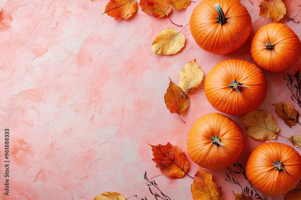 A row of orange pumpkins are on a pink background A row of orange pumpkins are on a pink background