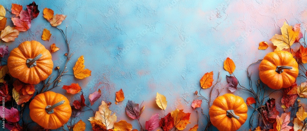 A blue background with orange and red leaves and pumpkins A blue background with orange and red leaves and pumpkins