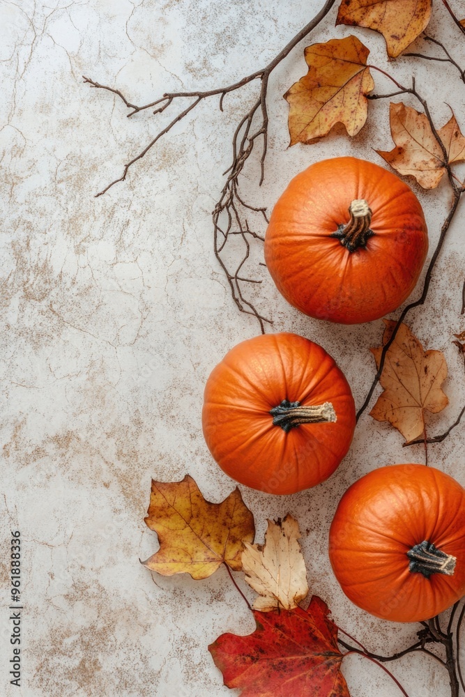 Three pumpkins are on a table with leaves Three pumpkins are on a table with leaves