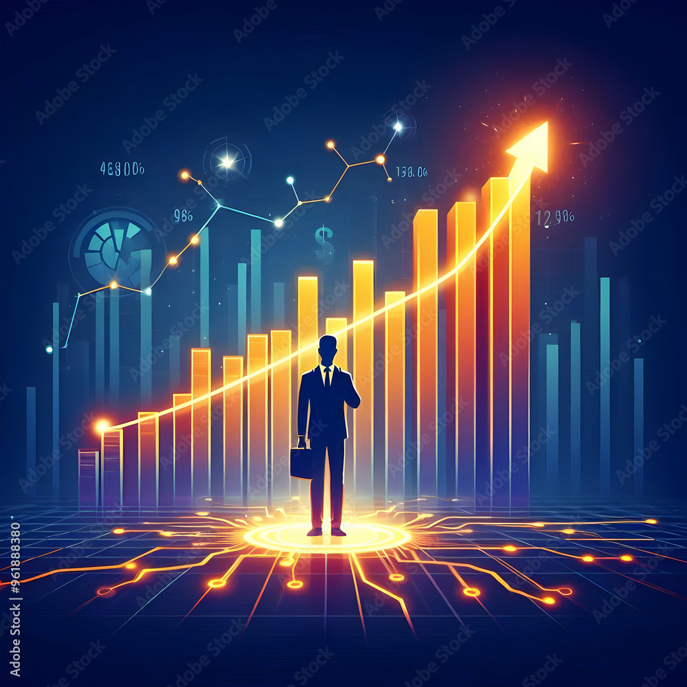 Flat Glowing Abstract Bar Chart with Rising Data Streams Signifying Financial Growth - A Modern Vector Illustration of Business Success Flat Glowing Abstract Bar Chart with Rising Data Streams Signifying Financial Growth - A Modern Vector Illustration of Business Success