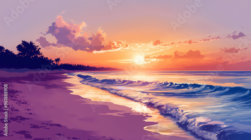 Beautiful sunset on sandy beach in florida, sunset, beach, florida, sand, waves, horizon, ocean, tranquil, tropical. Sunset Beach. Illustration