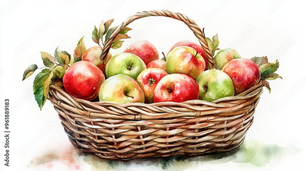 A wicker basket filled with red and green apples in a watercolor realistic illustration is perfect for autumn-themed prints, invitations, and postcards. A wicker basket filled with red and green apples in a watercolor realistic illustration is perfect for autumn-themed prints, invitations, and postcards.