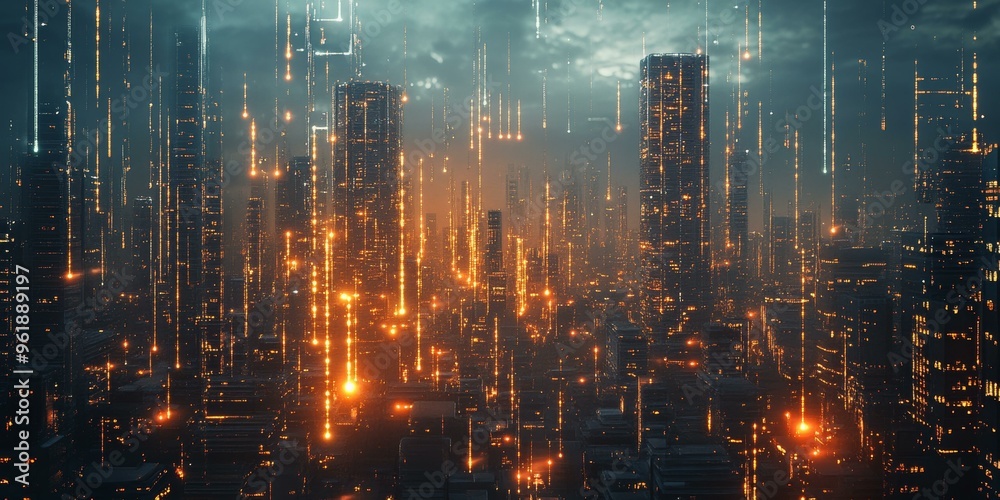 Fototapeta premium Futuristic city skyline with glowing lights.