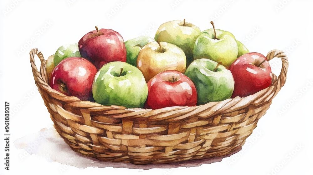 A wicker basket filled with red and green apples in a watercolor realistic illustration is perfect for autumn-themed prints, invitations, and postcards. A wicker basket filled with red and green apples in a watercolor realistic illustration is perfect for autumn-themed prints, invitations, and postcards.