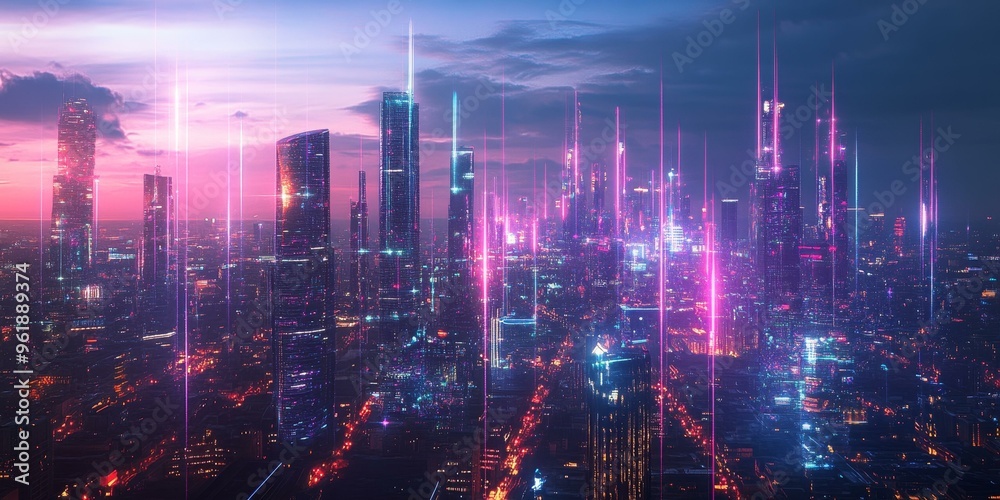 Fototapeta premium Neon lights illuminate a futuristic city skyline.