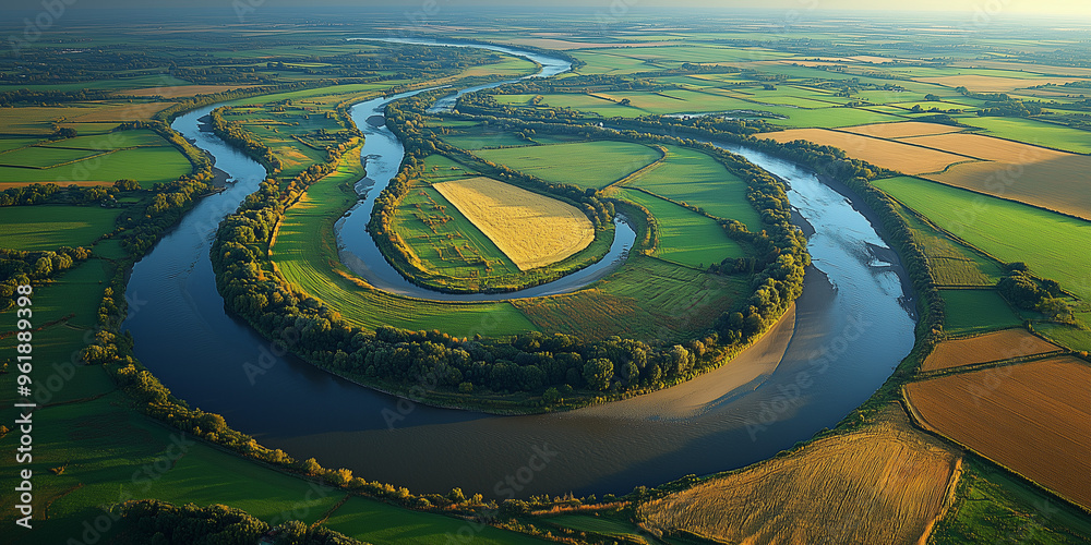 Aerial view of meandering river winding through lush green fields in countryside
Aerial view of meandering river winding through lush green fields in countryside
