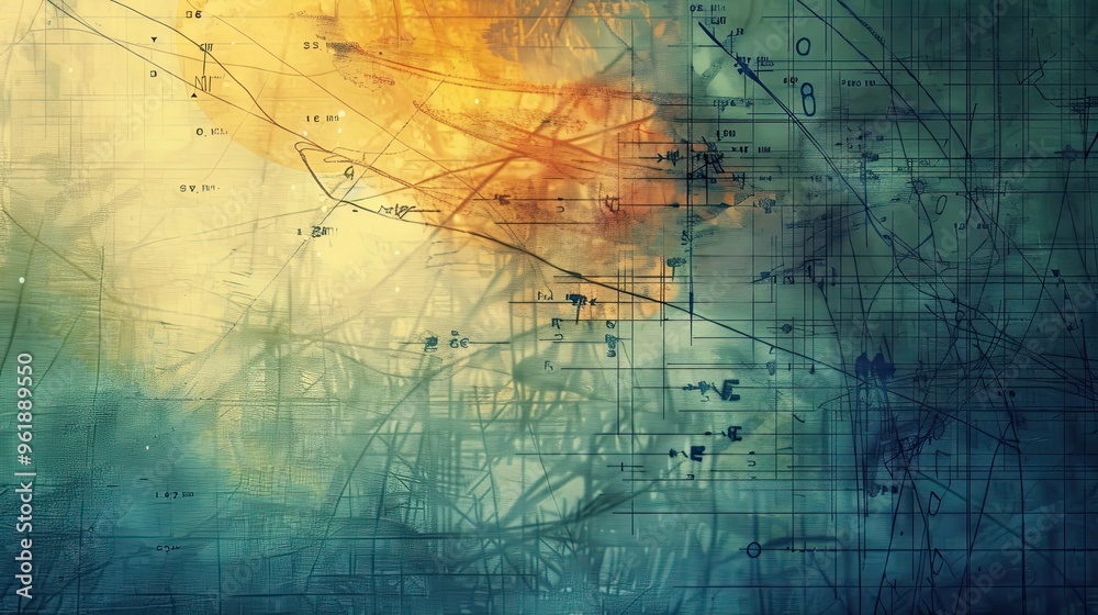 Tangled wires and faded blueprints blend on a softly glowing Dadaism background