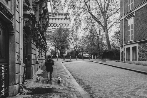 Fototapeta Naklejka Na Ścianę i Meble -  A woman walks along a peaceful Parisian street with the Eiffel Tower in view. Two small dogs accompany her, highlighting the charm of early mornings in the city.