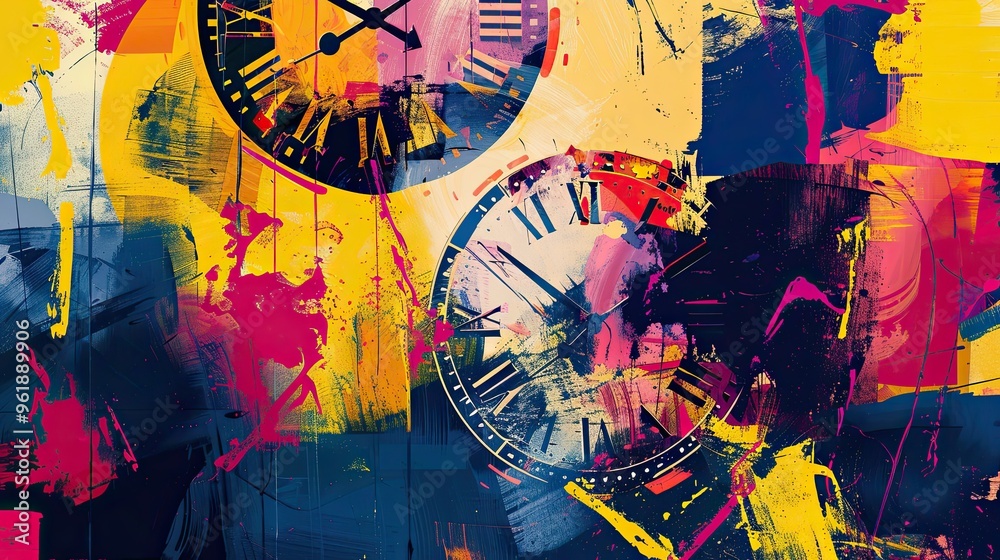 Fototapeta premium Dadaism background with distorted clocks geometric shapes and paint splashes