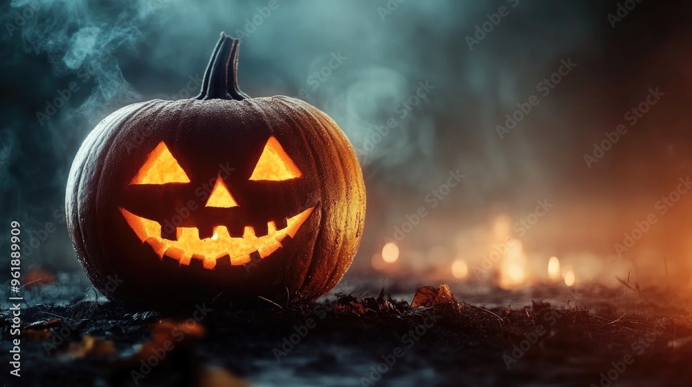 Naklejka premium A pumpkin with a smiley face on it is lit up with a light