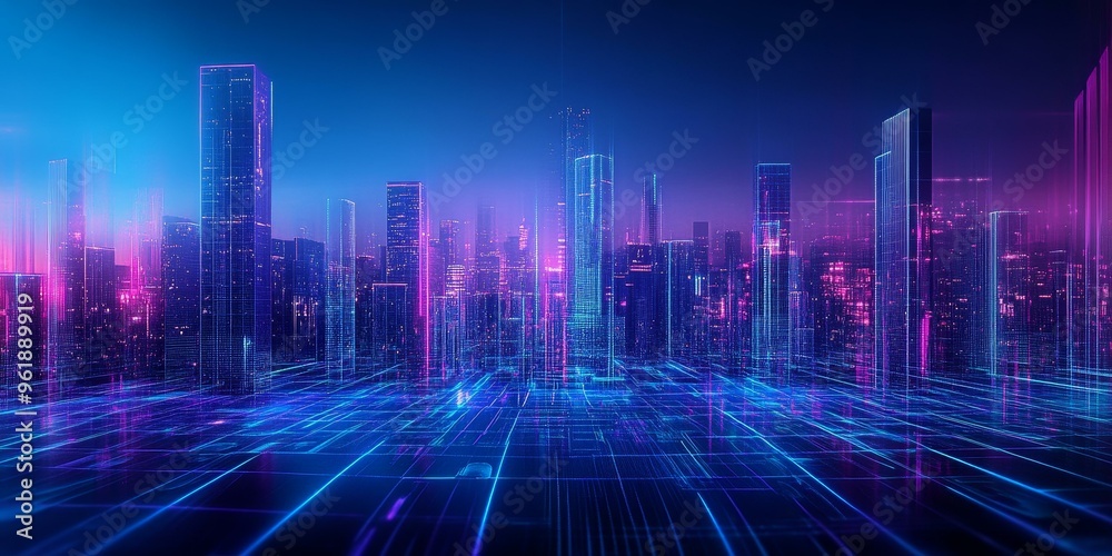Neon city skyline with blue and pink lines. Neon city skyline with blue and pink lines.