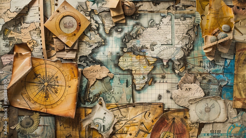 Fototapeta premium Collage of vintage maps and abstract doodles blend into a soft Dadaism backdrop