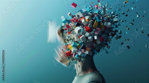 A surreal image of a person with their head exploding into a cascade of colorful 3D cubes, symbolizing creativity and the mind's complexity. photo