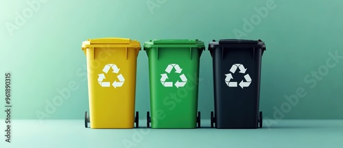 
3 colored wheeled bins for recycling on a light blue background photo