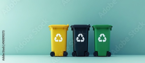 
3 colored wheeled bins for recycling on a light blue background photo