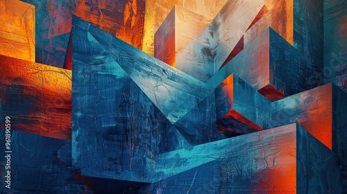 Bright blues and oranges form geometric shapes with textured surfaces on a Neo-Expressionism backdrop photo