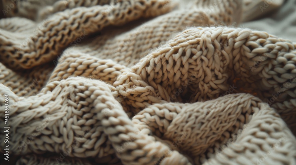 A cozy knitted blanket, intricately patterned and softly draped, evokes warmth and comfort in a close-up view. A cozy knitted blanket, intricately patterned and softly draped, evokes warmth and comfort in a close-up view.