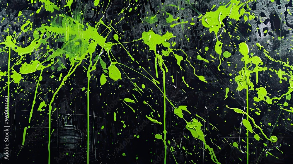 Splattered neon green and black paint with rough textures on a dramatic Neo-Expressionism backdrop